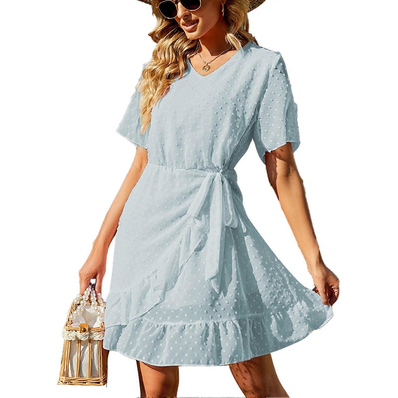 Dress V Neck Chiffon Round Dots Flounces Asymmetrical Peplum Knee Length Dress for Lady Sky Blue XL | Fruugo SG