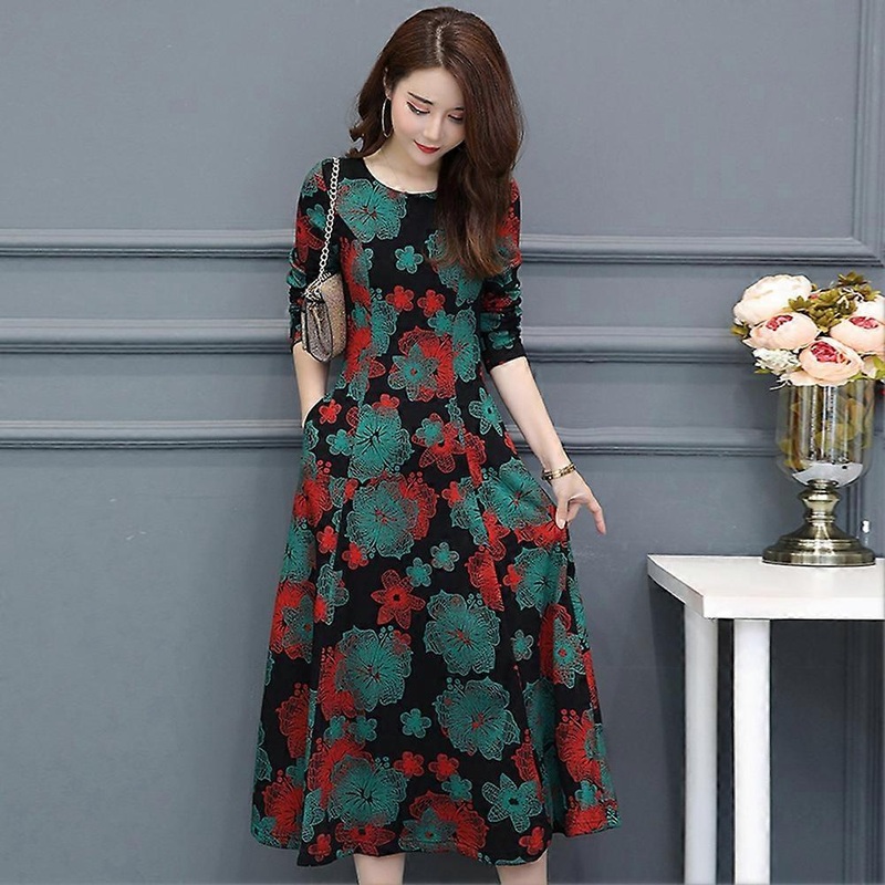 Fashion Women Girl Floral Printed Long Sleeve Round Neck Dress Spring AutumnGreen 3XL | Fruugo SG