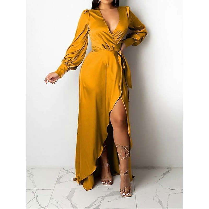Women’s Satin Dress Sheath Dress Swing Dress Long Dress Maxi Dress Green Black Pink Long Sleeve Pure Color Lace up Winter Fall Spring V Neck Mature Wi | Fruugo SG