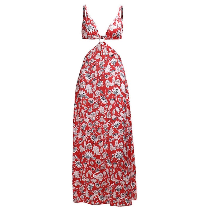 Women Summer Spaghetti Strap Floral Print Midi Long Dress Sexy V-Neck Cut Out High Waist Backless Flowy Beach Sundress  color S | Fruugo SG