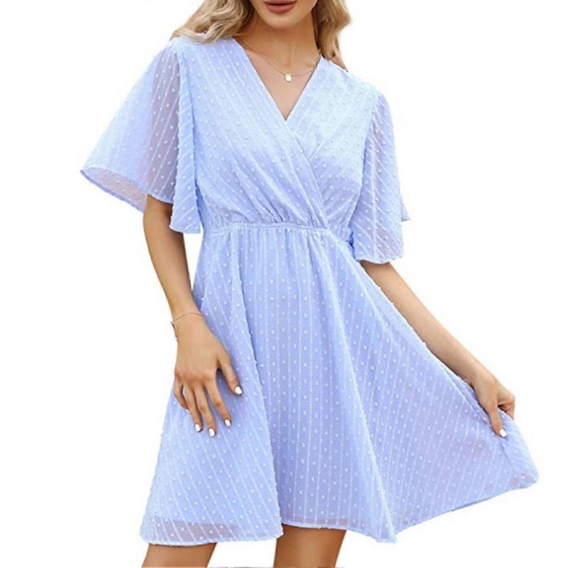Women Summer Swiss Dot Dress V Neck Bell Sleeve Short Dress A Line Swing High Waist Dress Sky Blue XXL | Fruugo SG