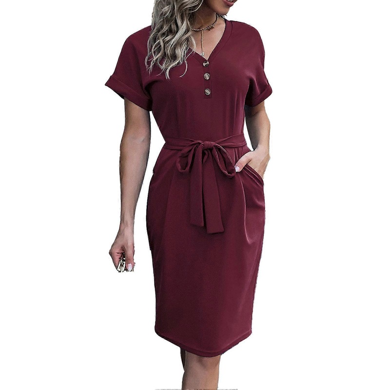 Women V Neck Dress Button Front Waist Belted Roll Up Short Sleeve Pure Color Summer Bodycon Dress Wine Red M | Fruugo SG