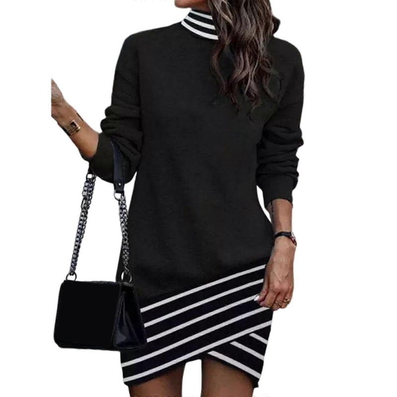Womens Casual Long Sleeve Mock Neck Sweatshirt Dress Colorblock Leopard Asymmetrical Wrap Hem Loose Pullover Dresses  Striped black XL | Fruugo SG