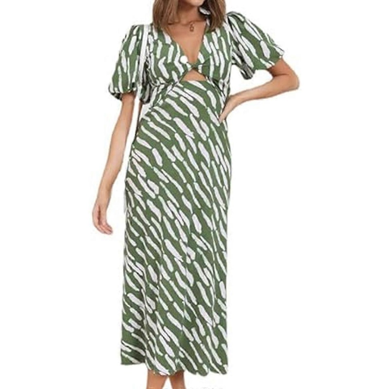Womens Cut Out Deep V Neck Maxi Dresses Elegant Floral Print Puff Sleeve A Line Dress | Fruugo SG