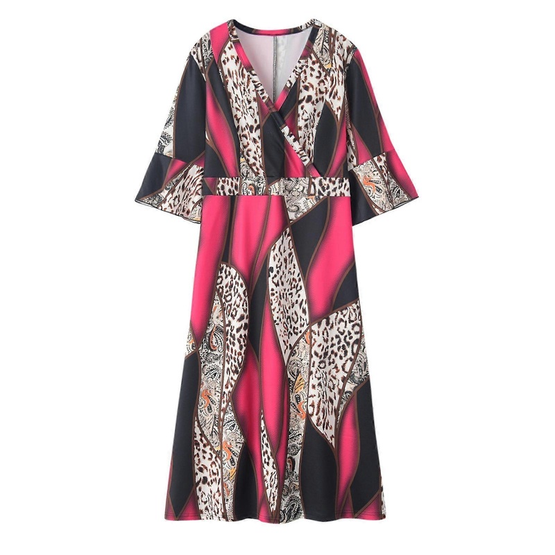 Womens Plus Size Flared 3/4 Sleeve Wrap V-Neck High Waist Swing Hem Midi Long Dress Vintage Leopard Print Loose Sundress  XL Pink | Fruugo SG