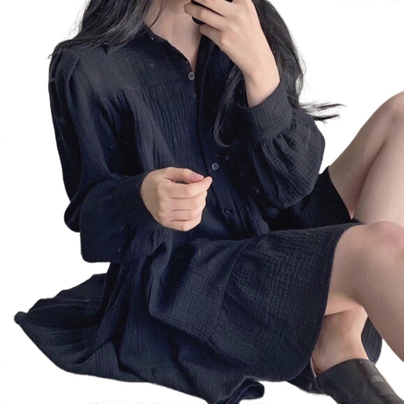 Womens Single Breasted Puff Long Sleeve Shirt Mini Dress Solid Ruched Textured Tiered Ruffle A Line Babydoll Dresses  Black XL | Fruugo SG