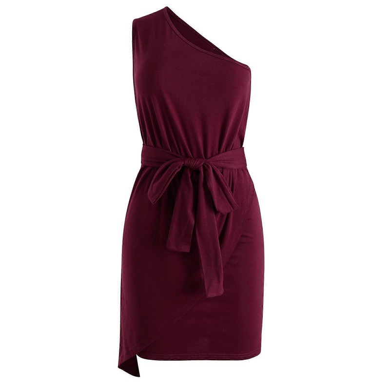 Womens Sleeveless One Shoulder Elegant Party Short Dress Solid Color Asymmetrical Bodycon Cocktail Prom Party Sundress  Burgundy XL | Fruugo SG