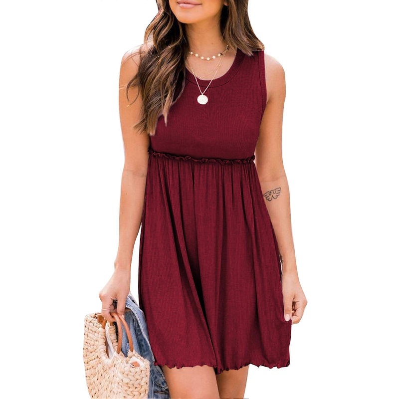Womens Sleeveless Summer Dress Round Neck Pullover Pleated Ribbed Comfortable Breathable Short Mini Tank Sundress GQIB070 Wine Red S | Fruugo SG
