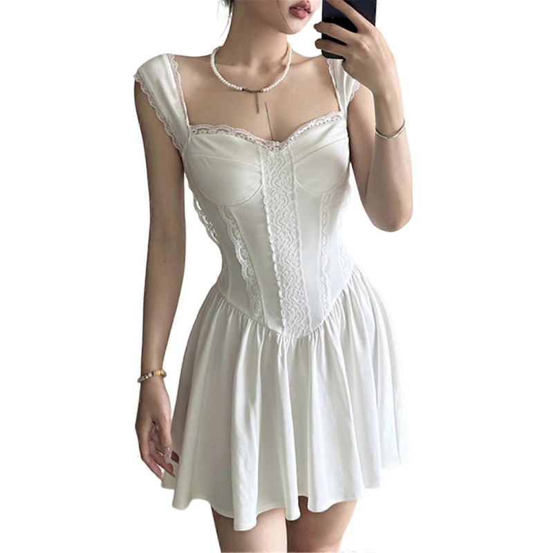 Womens Sleeveless Sweetheart Neck Lace Spliced Corsets Short Dress Pleated Flared A Line Swing Slimming Camisole Dresses  White S | Fruugo SG