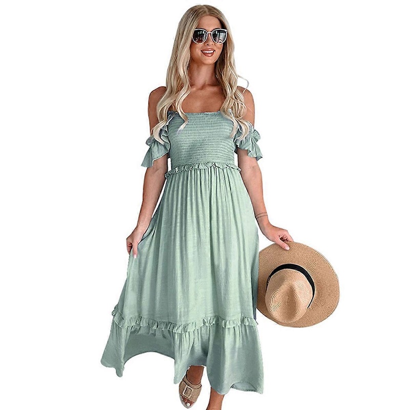 Womens Smocked Flowy Summer Dresses A Line Square Neck Flutter Sleeve Ruffle Tiered Polka Dot Cocktail Dress | Fruugo SG