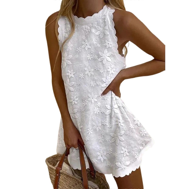 Womens Summer Sleeveless Crewneck A-Line Linen Short Dress Solid Color Floral Pattern Scallope Trim Loose Tank Dresses  White XL | Fruugo SG