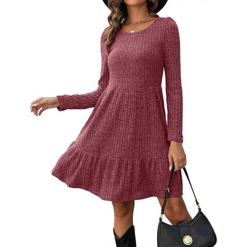 Womens Vintage Long Sleeve Round Neck High Waist Midi Dress Solid Color Ribbed Knit Ruffle Flared A-Line Sweater Dresses  Burgundy XL | Fruugo SG