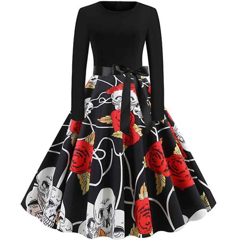 2022 Hot Spring And Autumn New Outlet Halloween Christmas Print Stitching Long-sleeved Swing Dress To Send Ribbon | Fruugo SG