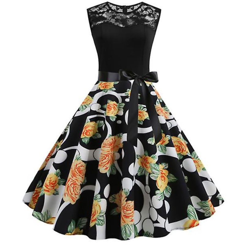 2022 New Women’s Large Size Retro Hepburn Style Large Swing Polka Dot Lace Dress | Fruugo SG