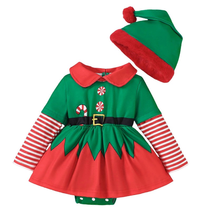 2pcs Kids Christmas Romper with Matching Hat Baby Striped Patchwork Long Sleeve Dress for Holiday Party Comfortable  Green 4 | Fruugo SG