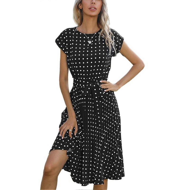 Casual Dress Floral Print Dot Dolman Sleeve Loose Bow Tie Belted Midi Length Dress for Woman Female Black L | Fruugo SG