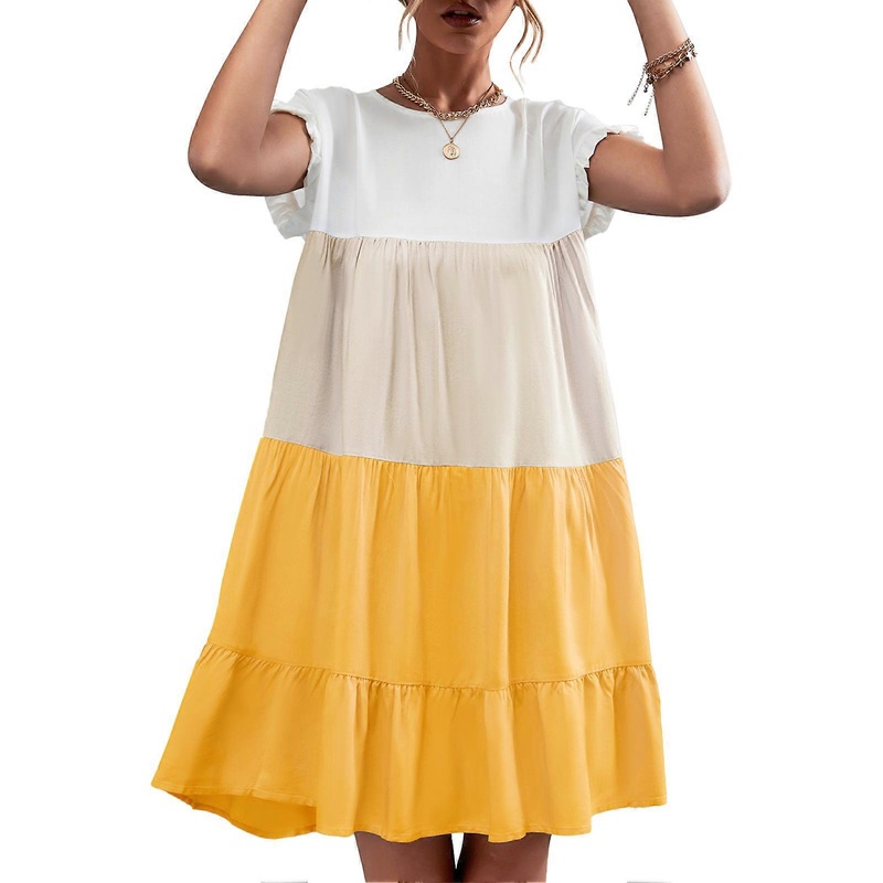 Contrast Color Splicing Dress Classic One Piece Dress with Ruffled Cuffs Machine Washable for Summer Yellow S_-sy_-sy | Fruugo SG