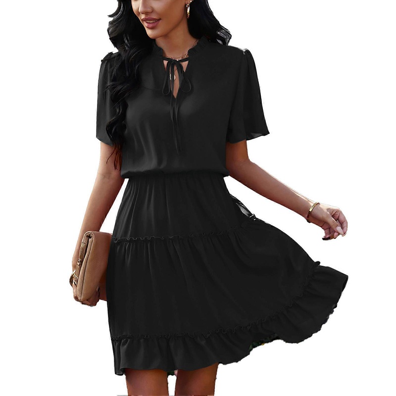 Dress Drawstring Tie V Neck Loose Casual Falbala Tie Waist Short Sleeve Dress for Women Black L | Fruugo SG