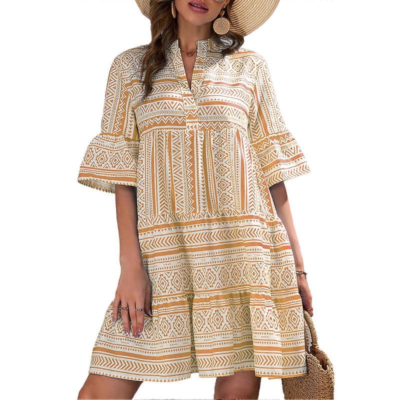 Dress Printed Half Sleeves V Neck Geometric Print Casual Loose Elegant Dress for Summer Yellow S | Fruugo SG