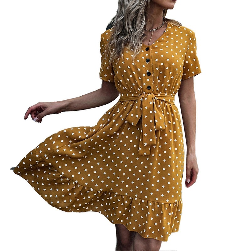 Dress V Neck Shirt Dot Printed Falbala Hem Waist Belt Single Breasted One Piece Dress for Women Ginger L | Fruugo SG