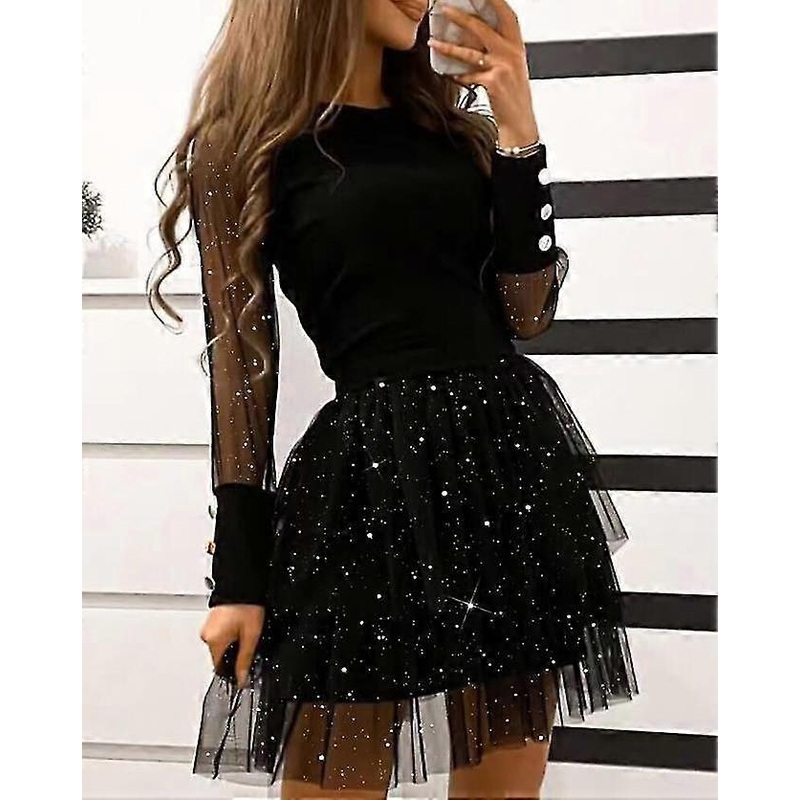 Dresses For Women Autumn Glamorous Chic Wedding Guest Glitter Long Sleeve Layered Sheer Mesh Sweet Party A Line Mini Dress | Fruugo SG