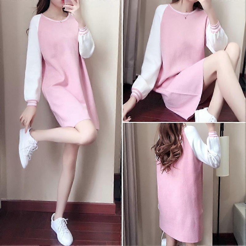 Fashion Women Stitching Color Dress Round Neck Long Sleeve Above Knee Length Slim DressPink XXL | Fruugo SG