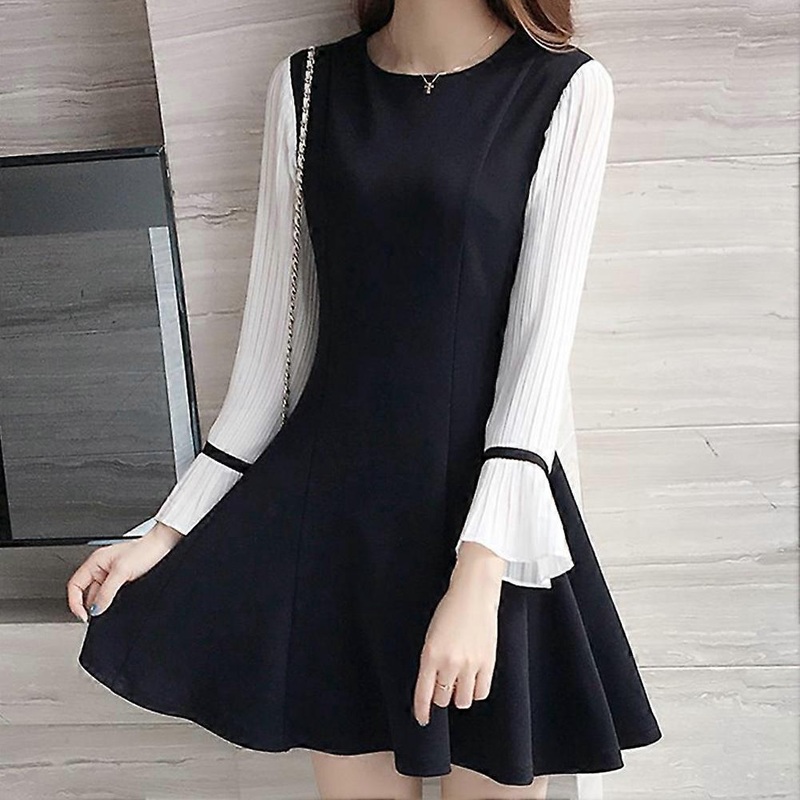 Fashion Women Stitching Dress Round Neck Long Flare Sleeve Knee Length Dress (Black M) | Fruugo SG
