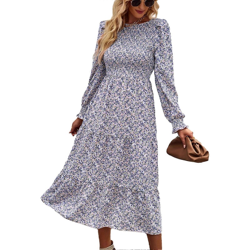 Floral High Waist Dress Long Sleeve Stretchy Round Neck Polyester Fiber Midi Dress for Dating Pink S | Fruugo SG