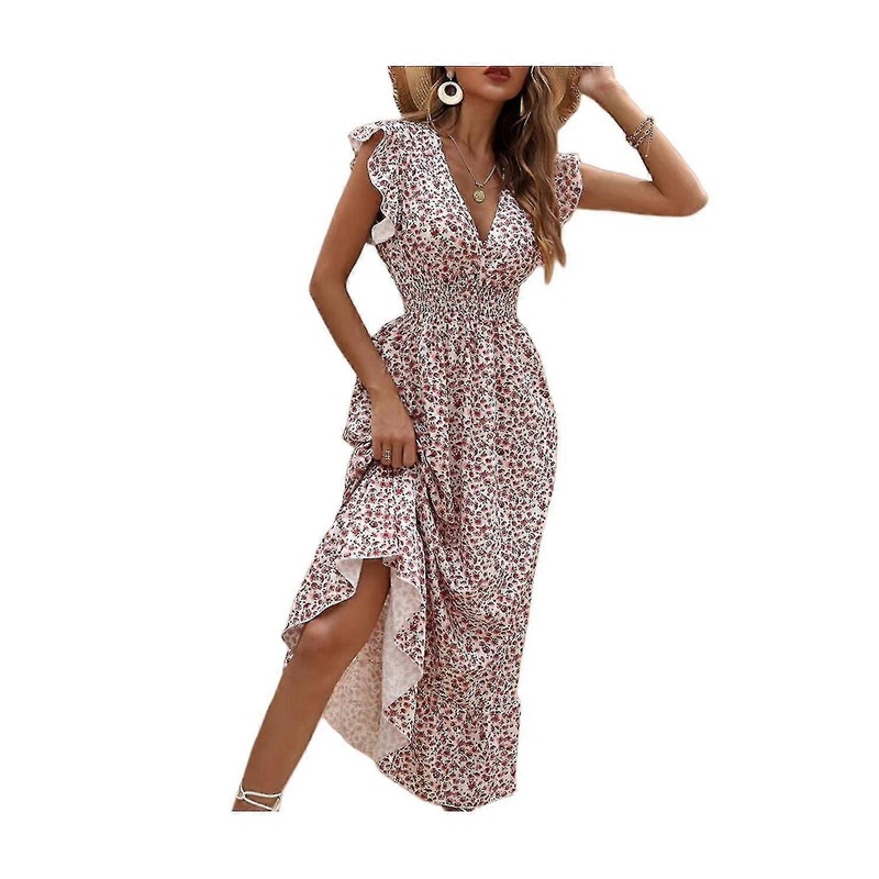 Floral Print Butterfly Sleeve Shirred Ruffle Hem Dress Multicolor | Fruugo SG