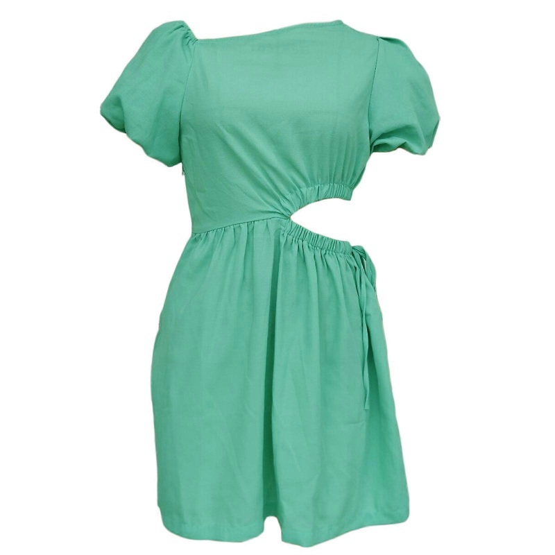 Short Sleeved Summer Dress Open Waist Minimalist French Style Dress Midi Dress for Women Solid Color Pleated Skirt  light green XL | Fruugo SG