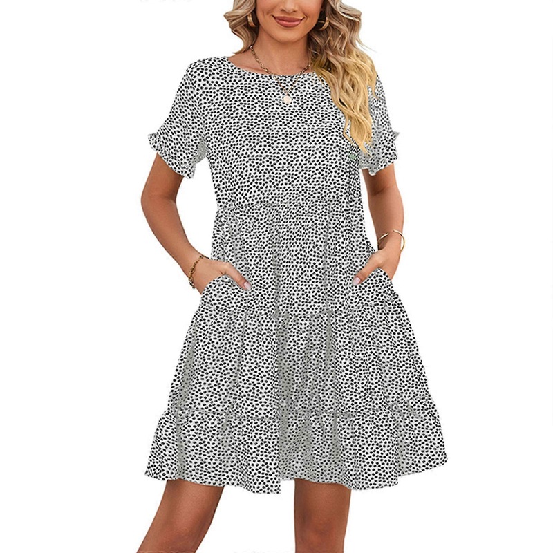 Women’s Bohemian Round Neck Floral Print Ruffle Short Sleeve Mini Dress Cute Loose Flowy Dress  White XL | Fruugo SG