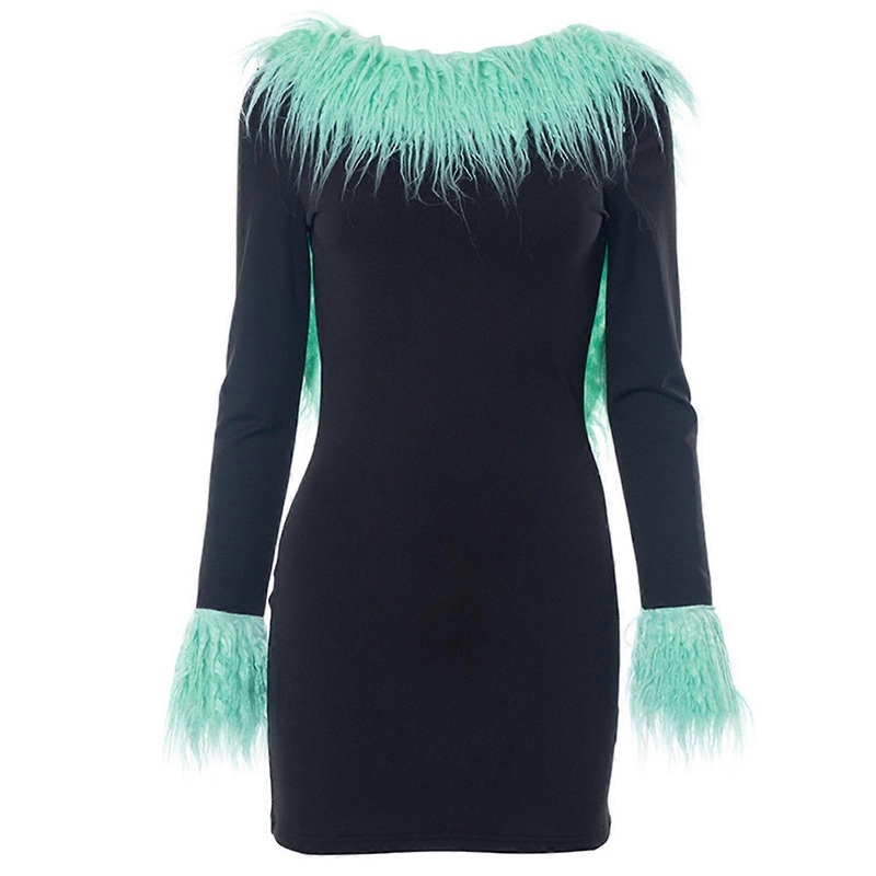 Women’s Faux Furs Collar Party Dresses Backless Long Sleeve Bodycon Mini Dresses Sexy Short Pencil Dress Streetwear  Black S | Fruugo SG