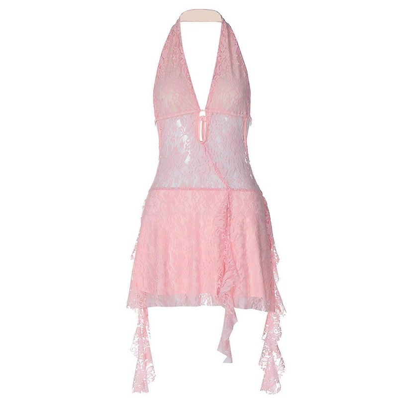 Women’s Halter Deep V Neck Mini Dress Sexy Lace Mini Dress Bikini Sleeveless Backless  Summer Dress | Fruugo SG