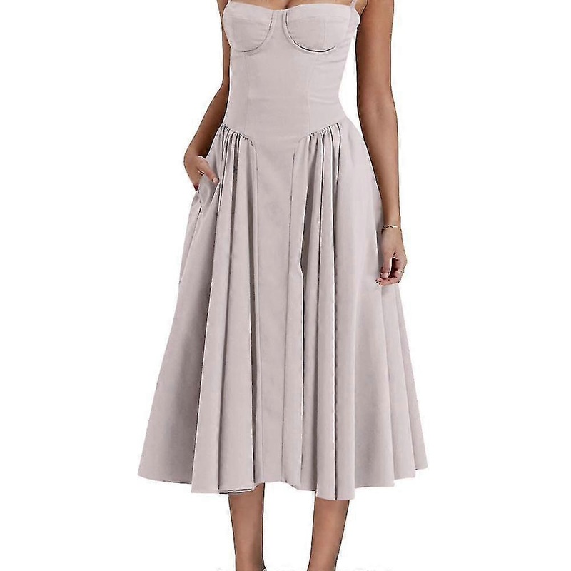 Women’s Spaghetti Strap Pleated Sleeveless Bustier Midi Dress with Pockets -GSL-YuJia | Fruugo SG