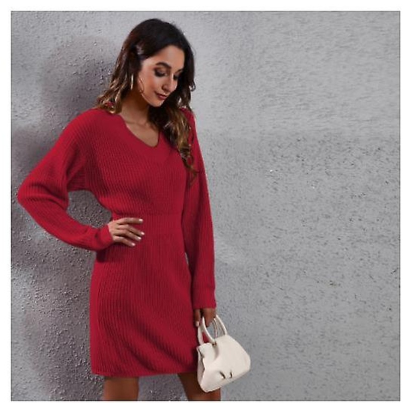 Women’s V-neck Dropped Shoulders Long-sleeved Waist Sweater Dress Women 2022 Solid Color Knitted Dress | Fruugo SG