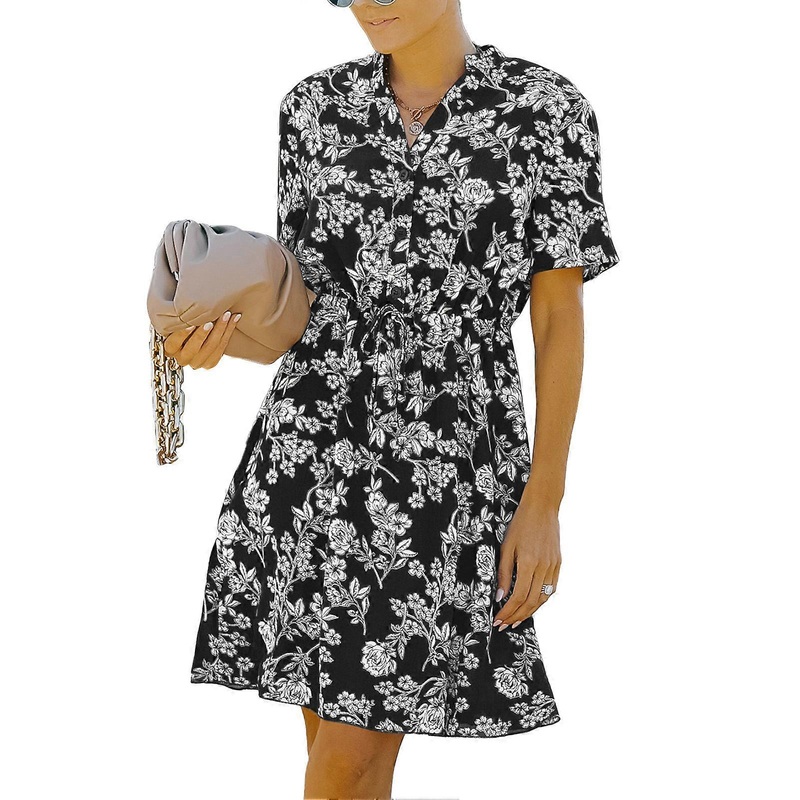 Women Summer V Neck Short Sleeve Floral Dress Casual Button Down High Waist A Line Dress with Belt Black S | Fruugo SG