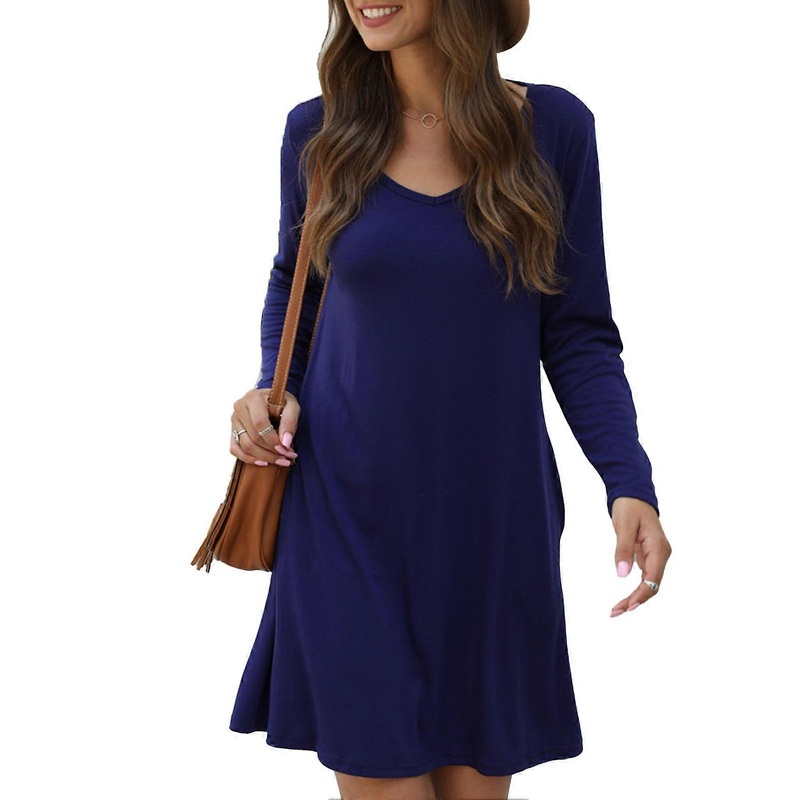 Women V Neck Dress Casual Pure Color Dress Stylish Side Pockets Long Sleeves Dress Purplish Blue L_-sy_-sy | Fruugo SG