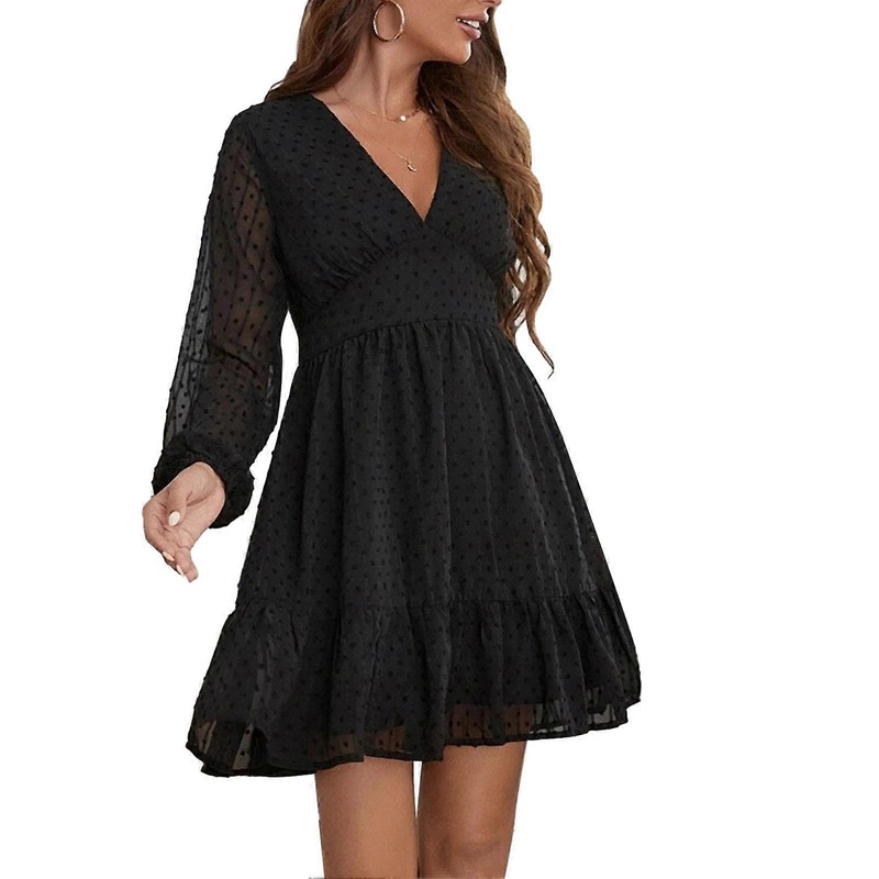 Women V Neck Dress High Waist Lantern Sleeves Spliced Ruffles Multi Layered Spring Summer Dress Black XL | Fruugo SG