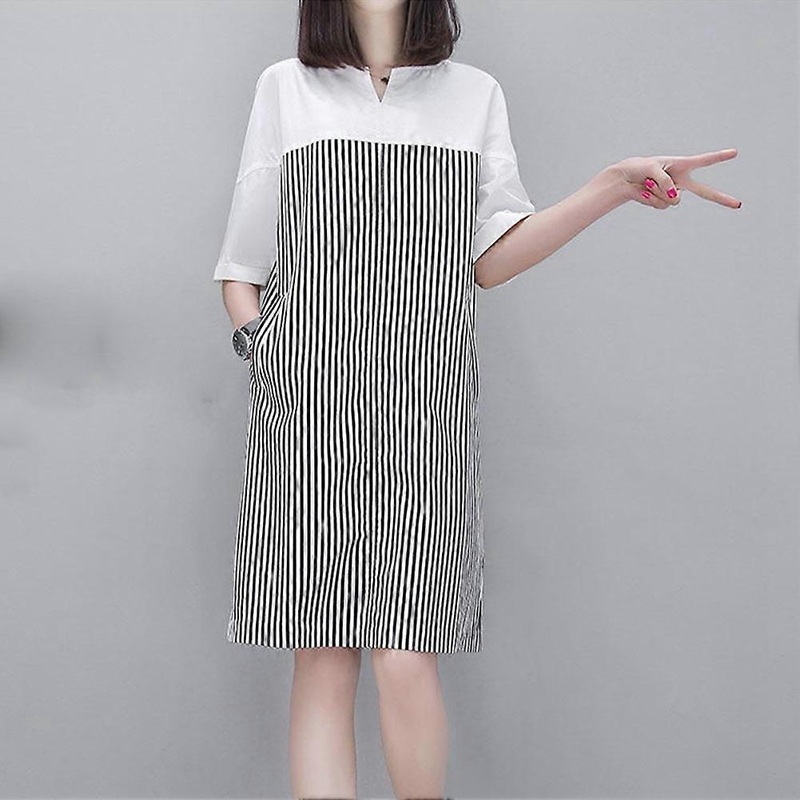 Women V-Neck Half Sleeve Dress Summer Stripe Stitching Design Clothes (XXXL) | Fruugo SG