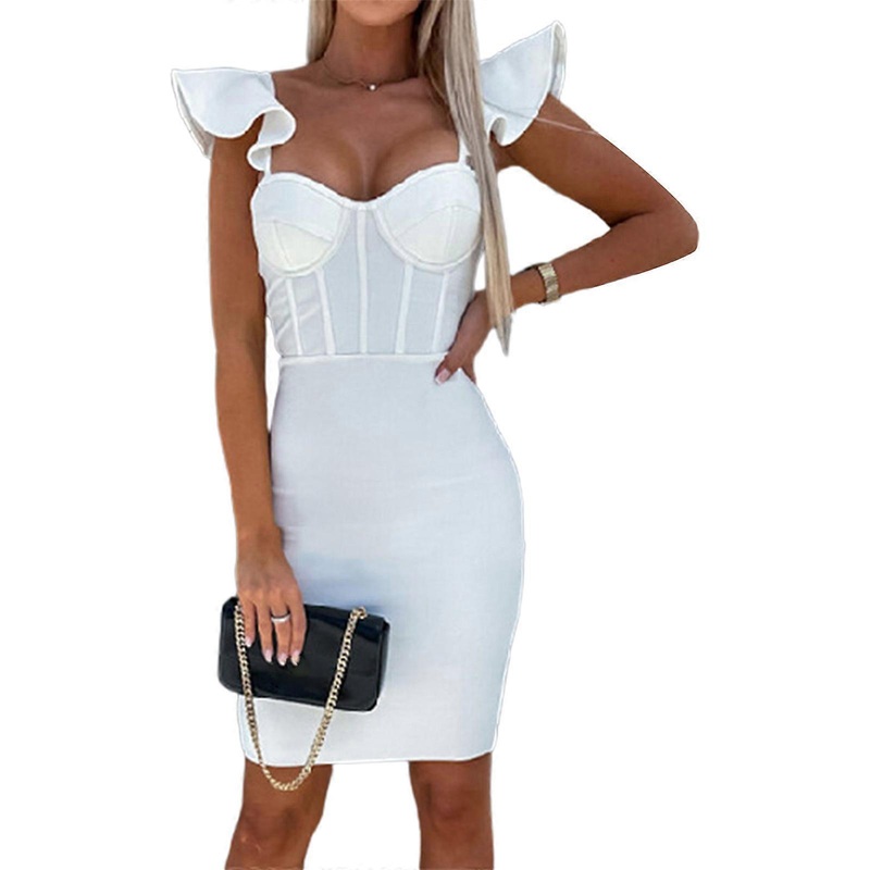 Womens High Waist Bodycon Dress Fishbones Backless Flying Sleeves Heat Neck Outfits Solid Color Ruffle Summer Dresses  White XL | Fruugo SG
