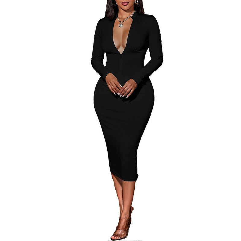 Zip Front Long Sleeve Bodycon Dress Solid Color Drawstring Backless Round Neck Women Dress Black L_-sy_-sy | Fruugo SG
