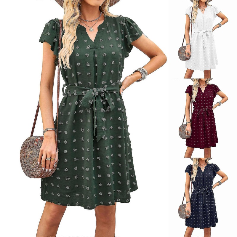 2023 Summer Best-selling Fur Ball V-neck Ruffled Sleeve Mid-length Tied Dress | Fruugo SG