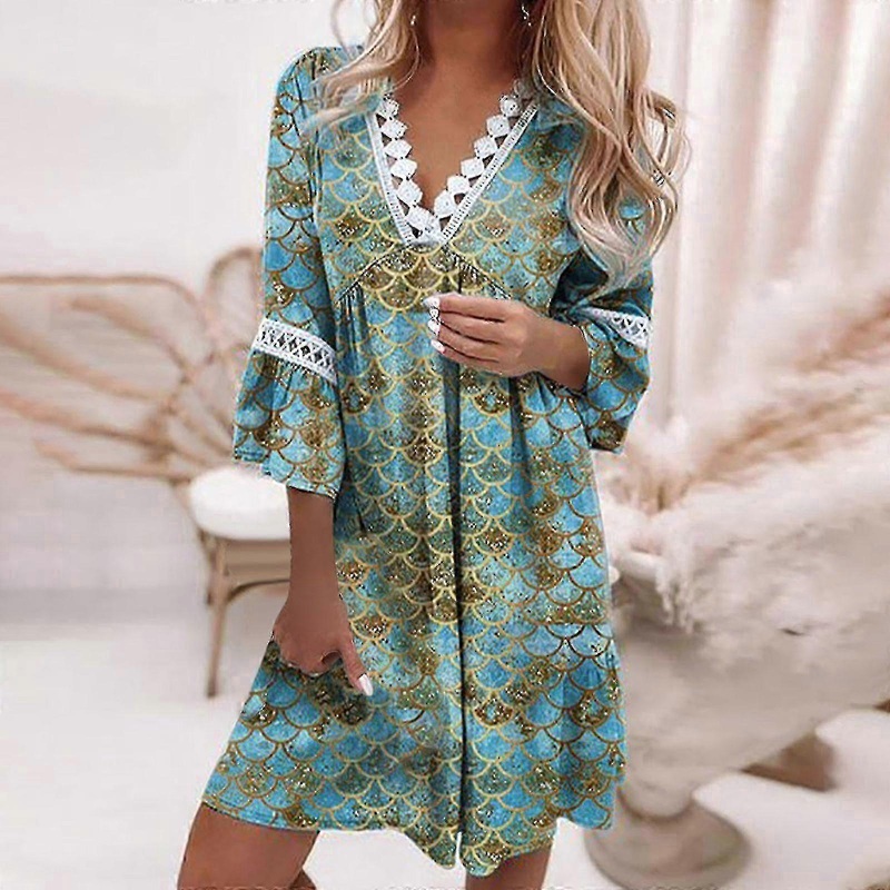 Boho Paisley Print Women’s V-Neck Midi Dress with Lace Trim and 3/4 Sleeves for Casual Summer Parties | Fruugo SG