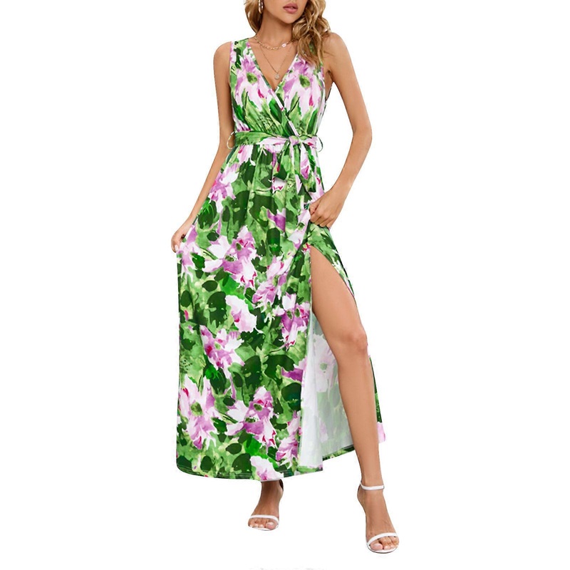 Boho Split Maxi Dress Summer Boho Maxi Dress Floral Maxi Dress ALine Long Dress Deep VNeck Dress Bohemian Beach Dress  light green M | Fruugo SG