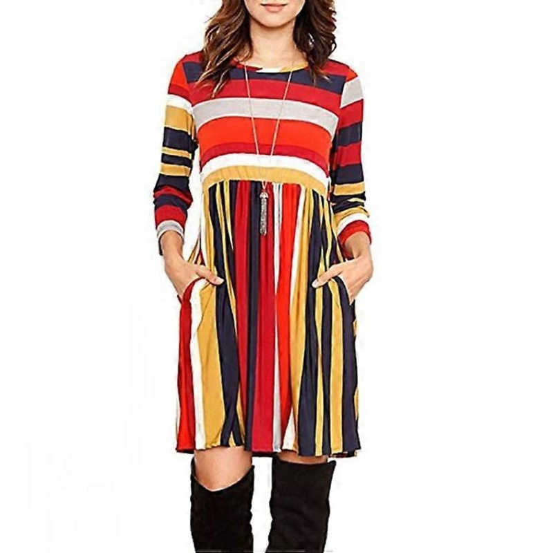 Casual Long-Sleeved Dress-Striped Color Block,Round Neck,,S Orange Stripe,S | Fruugo SG