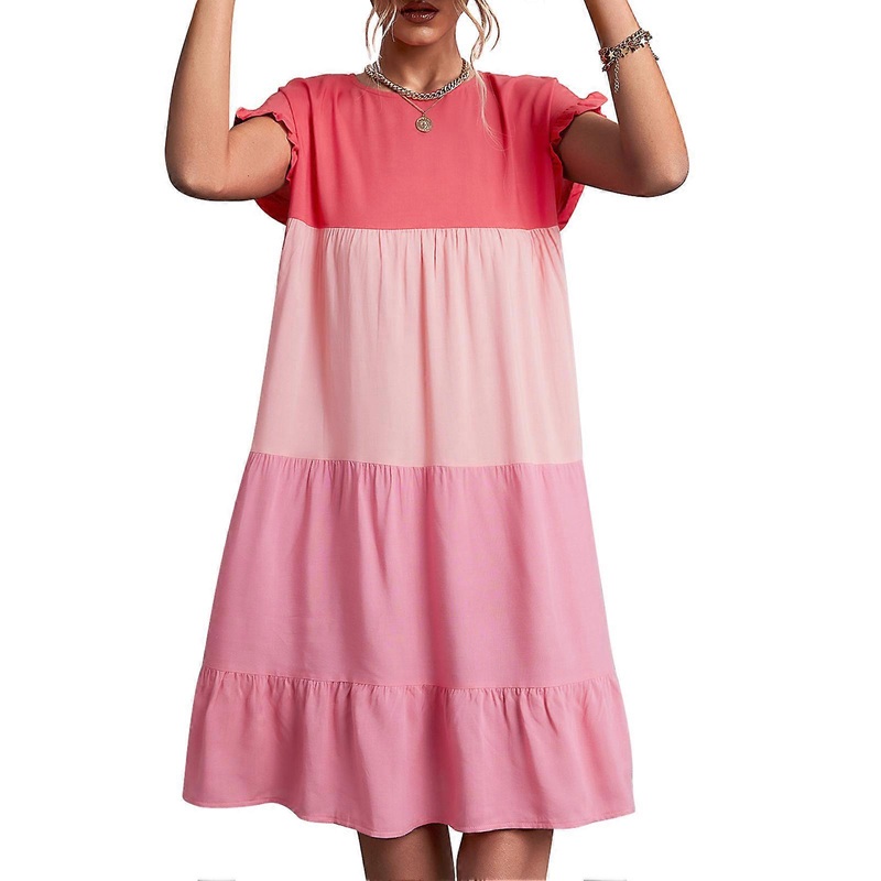 Contrast Color Splicing Dress Classic One Piece Dress with Ruffled Cuffs Machine Washable for Summer Pink M_-sy_-sy | Fruugo SG
