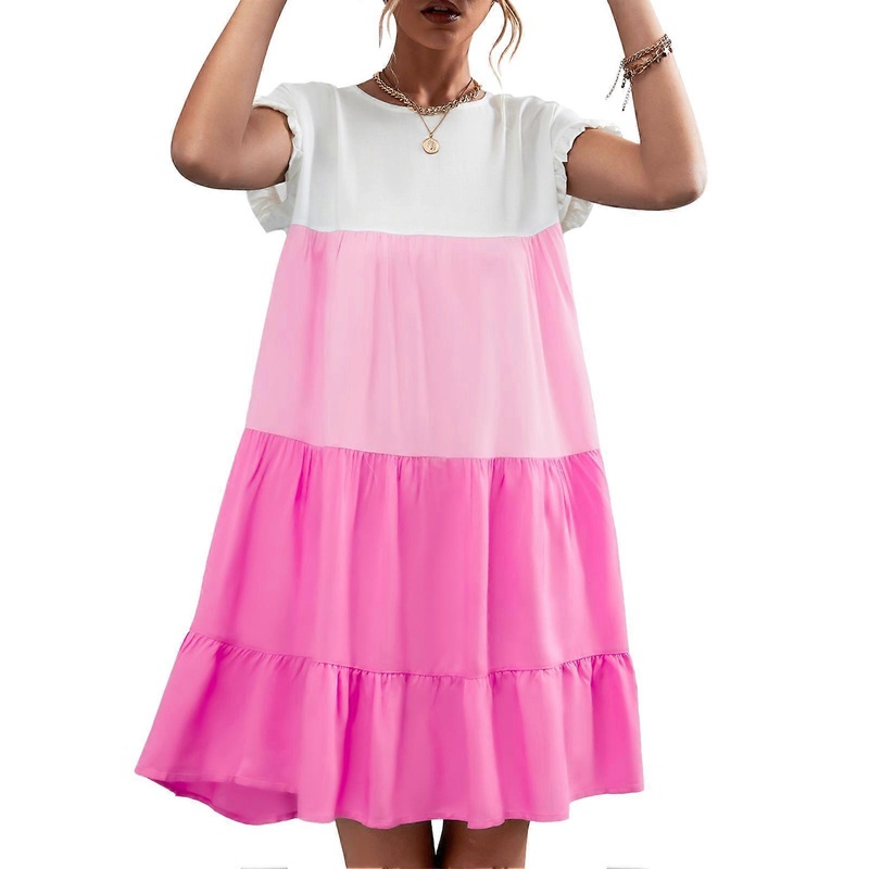 Contrast Color Splicing Dress Classic One Piece Dress with Ruffled Cuffs Machine Washable for Summer Rose Red L_-sy_-sy | Fruugo SG