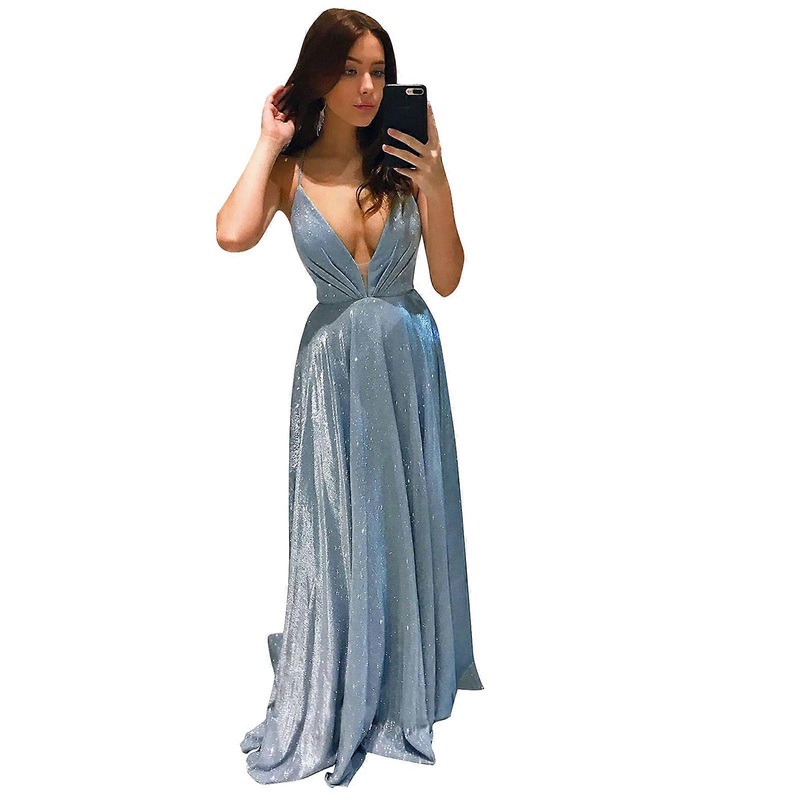 Deep V Neck Sexy Shiny Wedding Dress for Women Elegant Backless Sleeveless Crisscross Bandage Bridal Formal Party Gown  Blue S | Fruugo SG