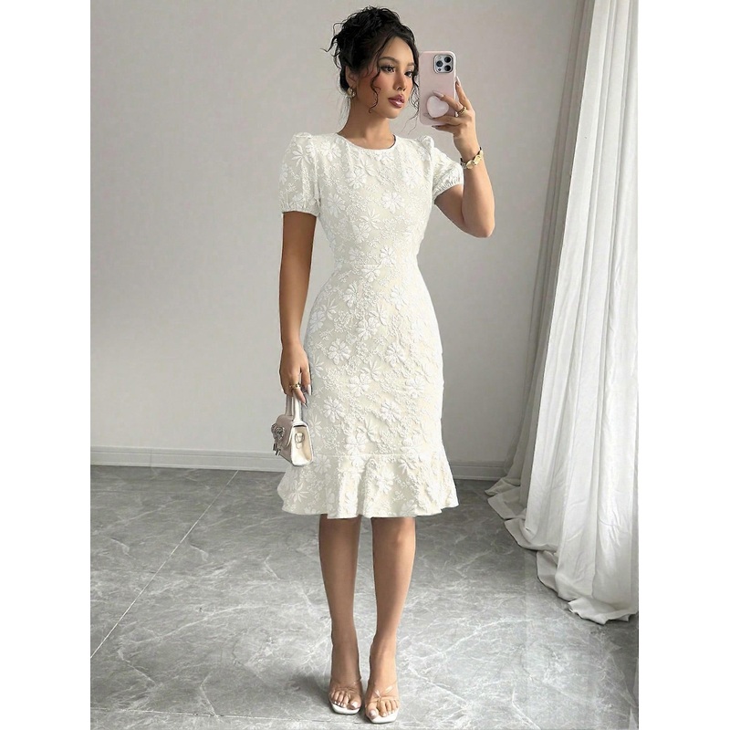 Elegant Jacquard Ruffled Puffy Sleeve Midi Dress – 2025 Spring Summer | Fruugo SG