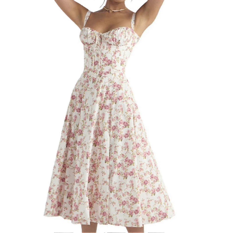 Fashion Print Bustier Sundress Drawstring Lace Sleeveless For Women-yvan | Fruugo SG